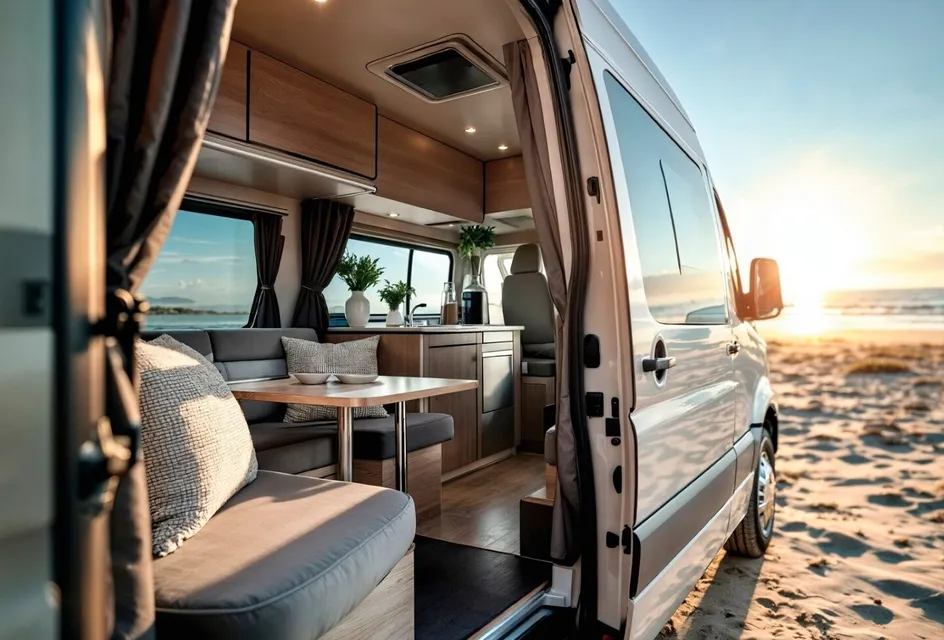 Cozy van interior prepared for camping