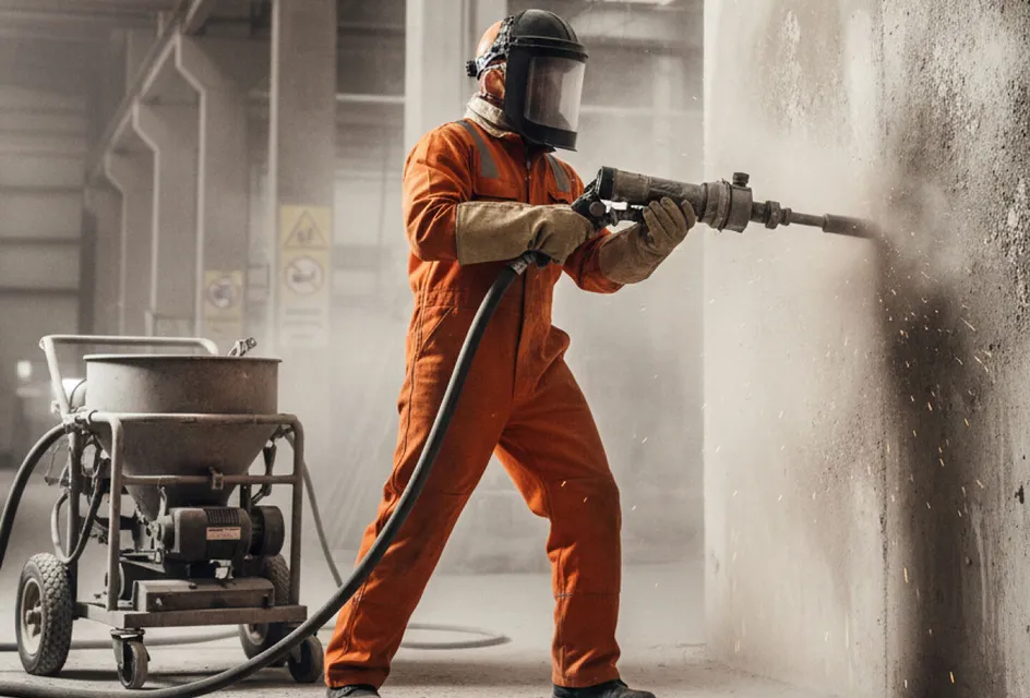 Man in protective gear using shot blasting machinery