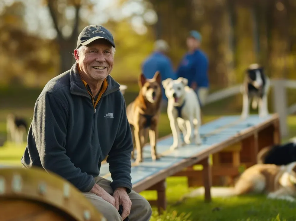 The focus picture of professional dog trainer with dog in ou