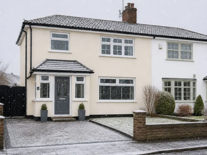 Cream rendered semi-detached house with a light snow cover