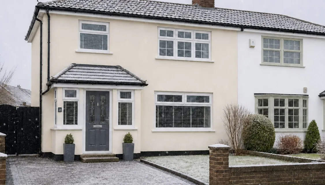 Cream rendered semi-detached house with a light snow cover