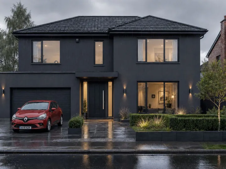 Detached house with charcoal render in light rain