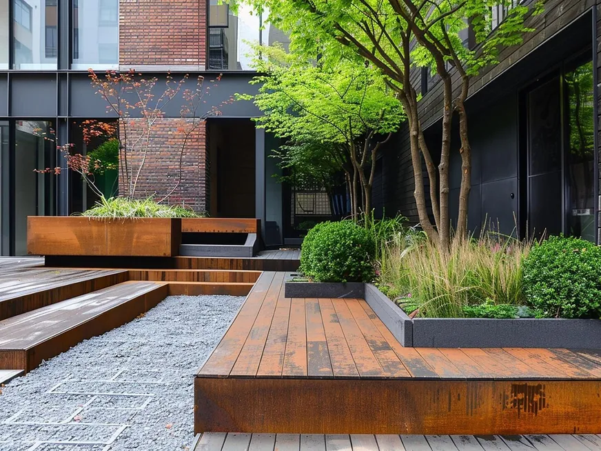 Modern garden with timber decking, gravel and raised planting beds