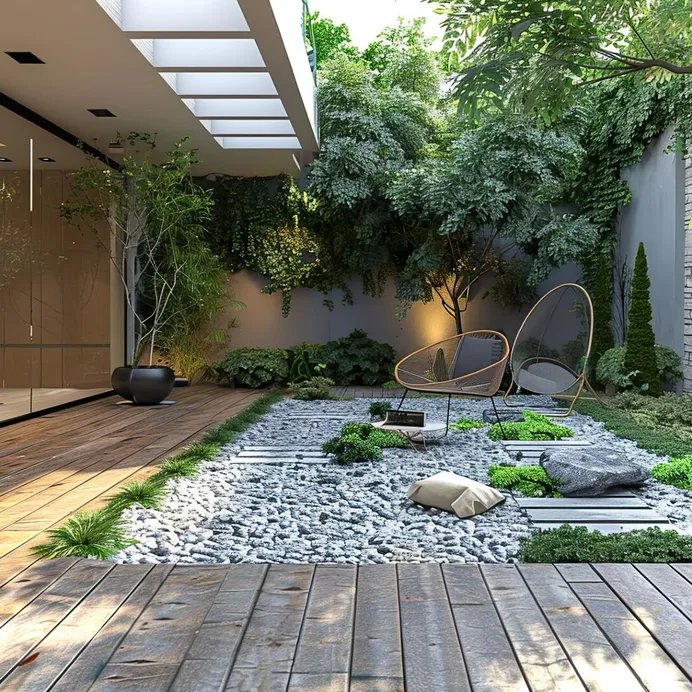 a garden with rocks and plants and a patio area with a bench