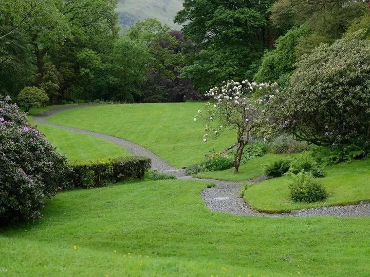 A gravel path curving through a hillside garden