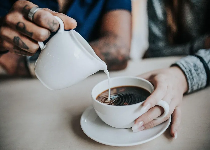 Coffee, milk, hands, pour, coffee cup, pouring