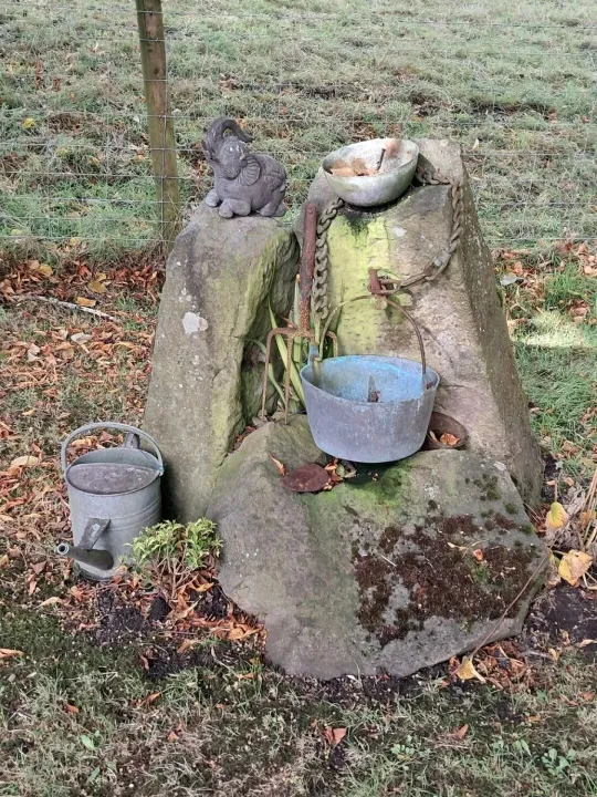 Old stone troughs with a chain and bucket and a little elephant ornament by a field fence