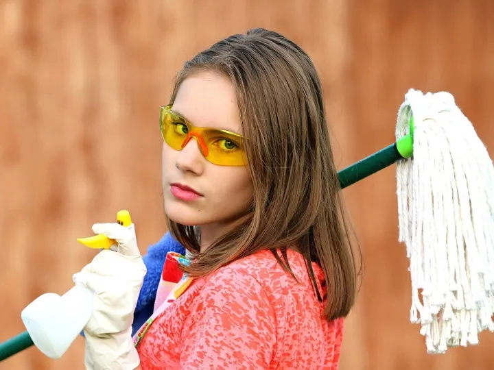 Girl, goggles, mop, cleaning, clean, hygiene