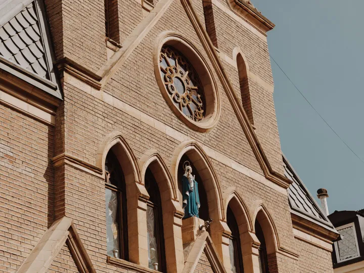 Close-up of a Gothic church facade featuring