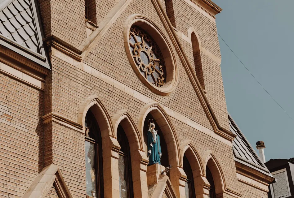 Close-up of a Gothic church facade featuring