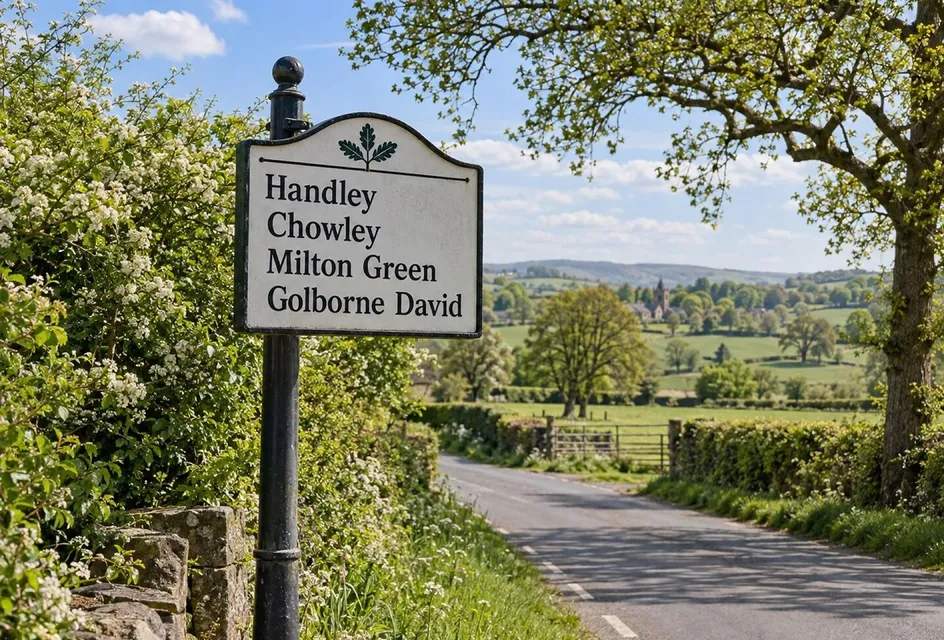 Signpost pointing to Handley, Chowley, Milton Green and Golborne David