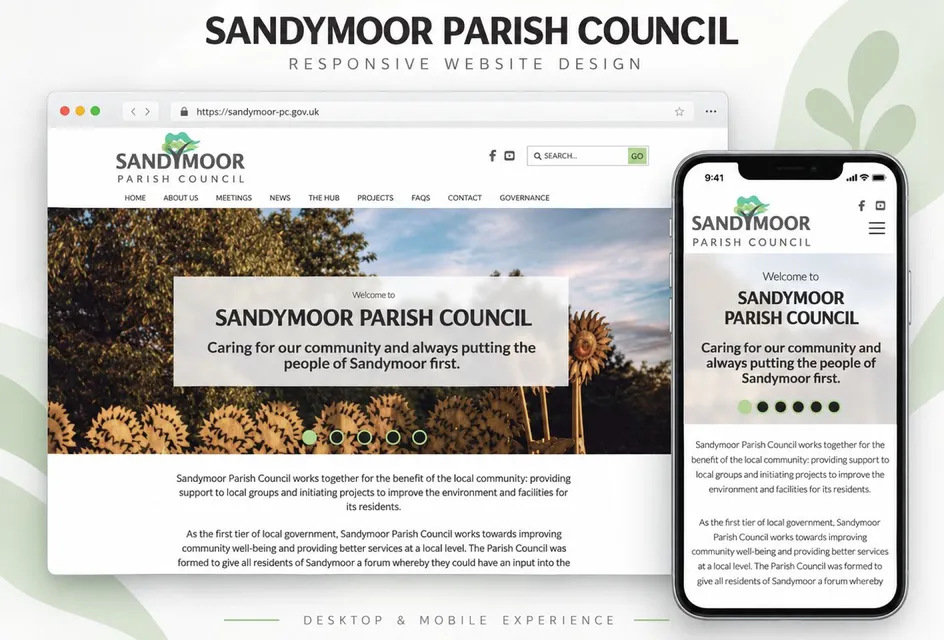 The Sandymoor Parish Council website shown on a laptop and a phone
