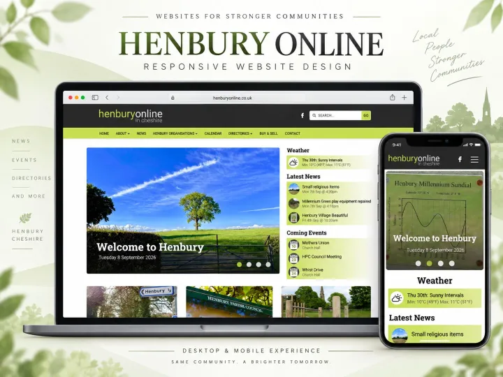 The Henbury Online community website shown on a laptop and a phone