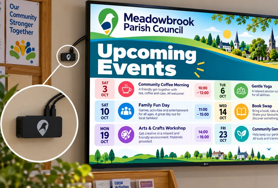A TV on a village hall wall showing a parish council digital notice board with upcoming events, and a small streaming device beside it