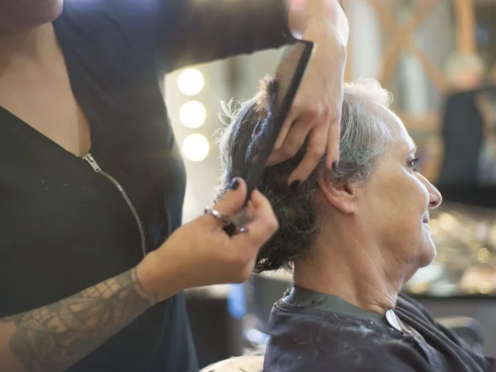 A hairdresser cutting a client’s hair in a salon