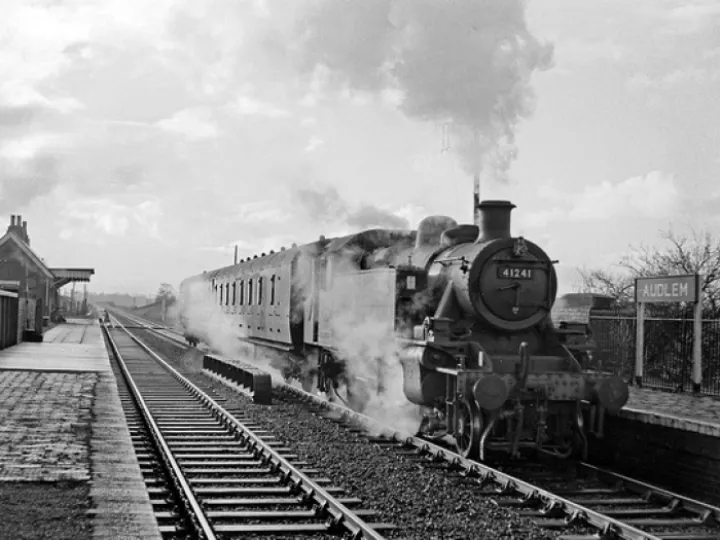 Ivatt 2 2-6-2T 41241 (a former Bath Green Park Loco) leaves Audlem with the 10.08 Wellington &ndash; Crewe service, 30/12/60. www.railphotoprints.co.uk &ndash; Hugh Ballantyne
