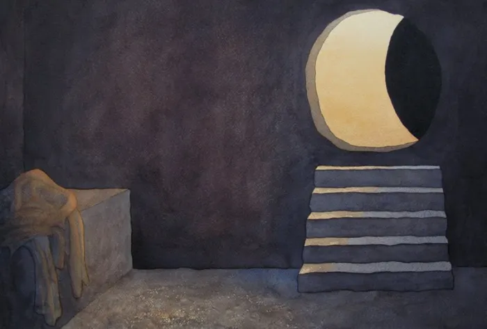 The empty tomb of Jesus from inside looking out- the light coming through the opened tomb highlighting the cloths left on the slab, picking out dimly the features of the space.