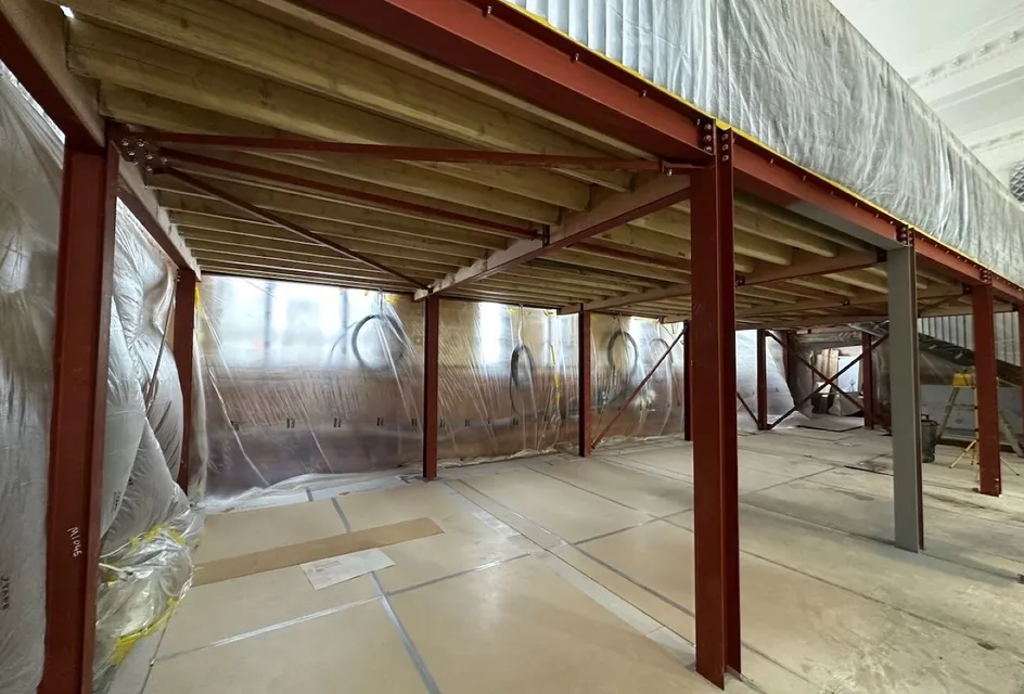 Warehouse interior with red steel columns