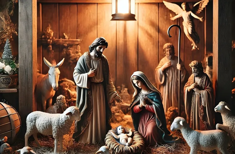 Christmas, nativity, nativity scene, holy family, christmas decor, holiday tradition, religious scene, christmas spirit, warm lighting, realistic details, cozy ambiance, craftsmanship