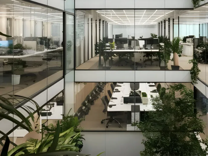 Office layouts with glass walls and plants