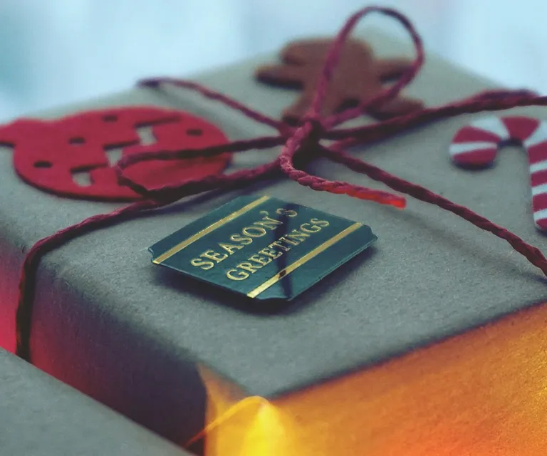 Close-up of a decorated Christmas gift box with