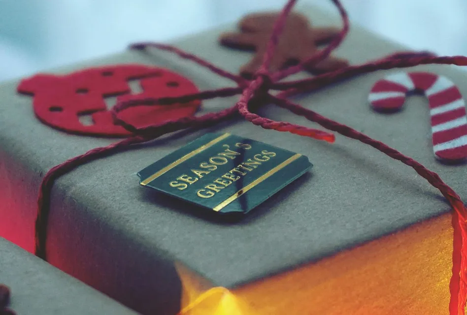 Close-up of a decorated Christmas gift box with