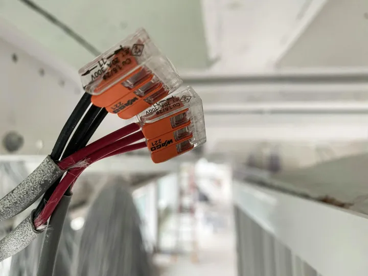 Detailed view of splicing connectors and wires in 
