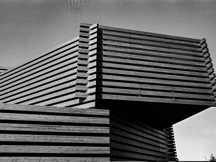 Black and white photograph of a modern