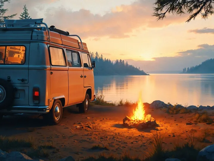 A camper van is parked by a campfire