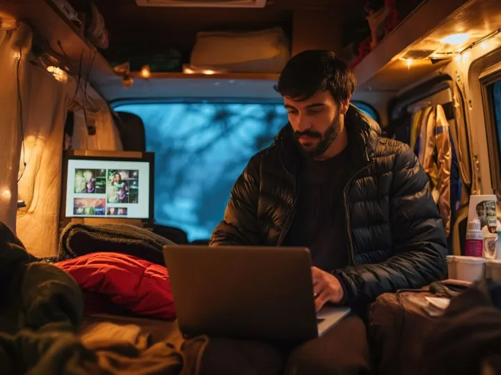 Front view man living as a digital nomad