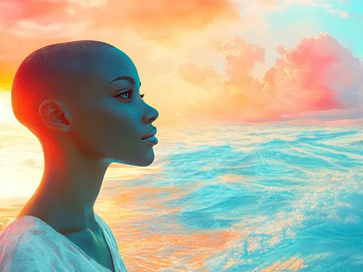 Serene Profile of a Woman Against Vibrant Sunset and Ocean W