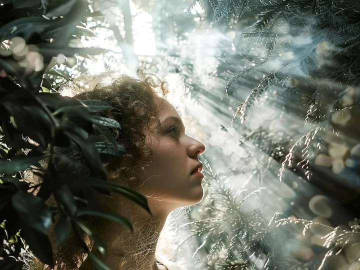 a girl with a long hair and a long hair is looking up at the