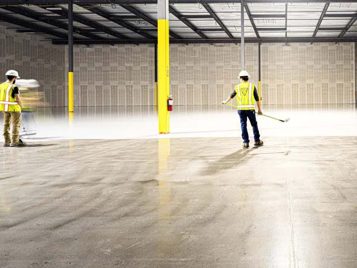 Two workers sweeping a warehouse floor