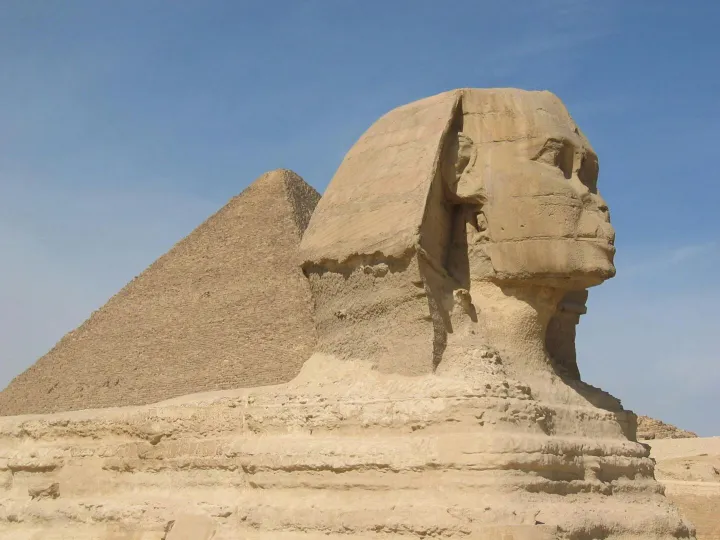 Iconic view of the Great Sphinx and Pyramid of