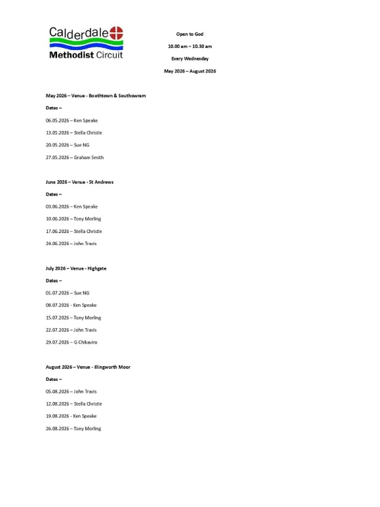 Open to God &ndash; May 2026 &ndash; August 2026