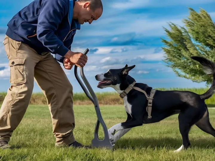 Dog trainer outdoors with his dog during a session