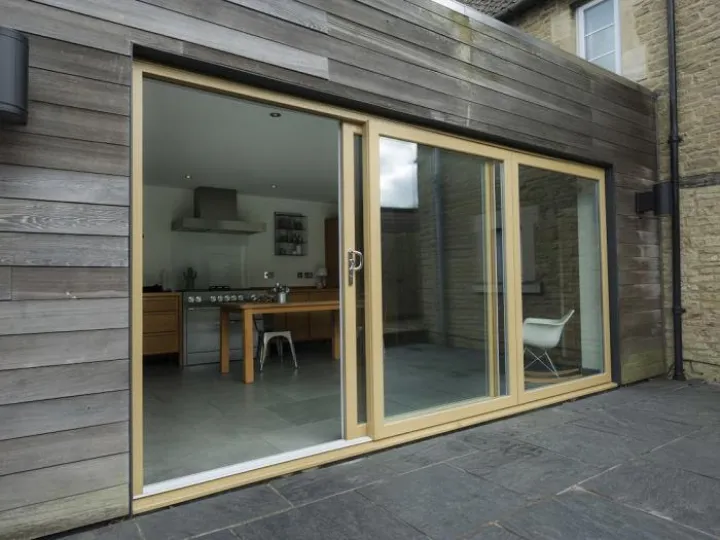 Sliding patio doors in wood grain