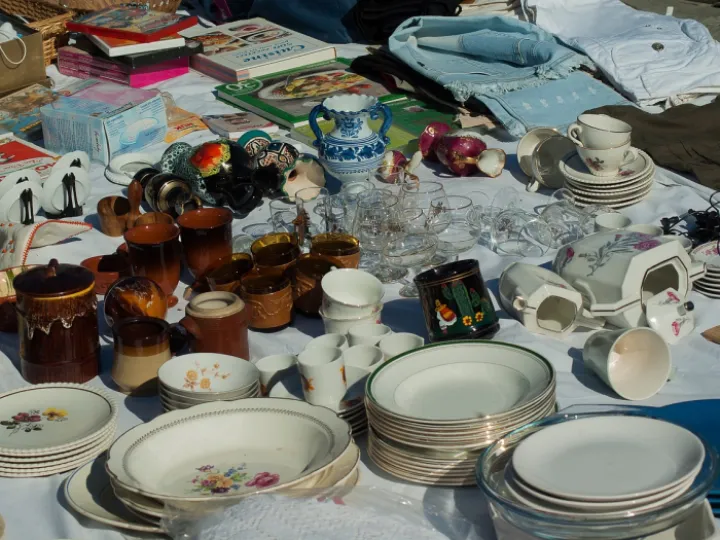 Flea market, dishes, garage sale