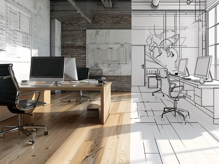 Drawing blueprint of office with desks