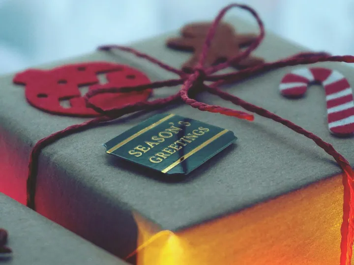 Close-up of a decorated Christmas gift box with