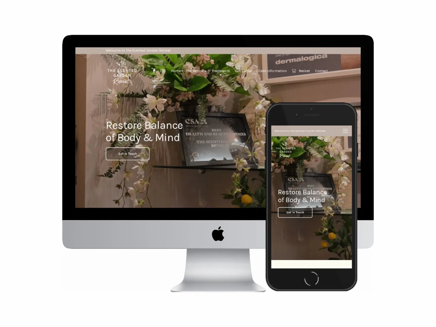 Desktop and mobile screenshots of the Scented Garden Retreat website