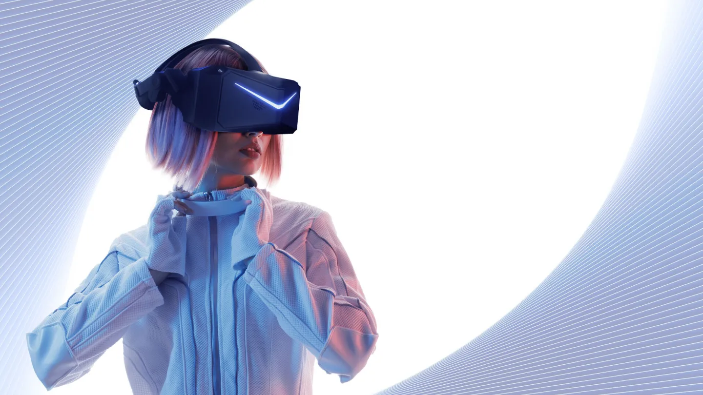 Young woman in striped shirt wearing a Pimax VR headset