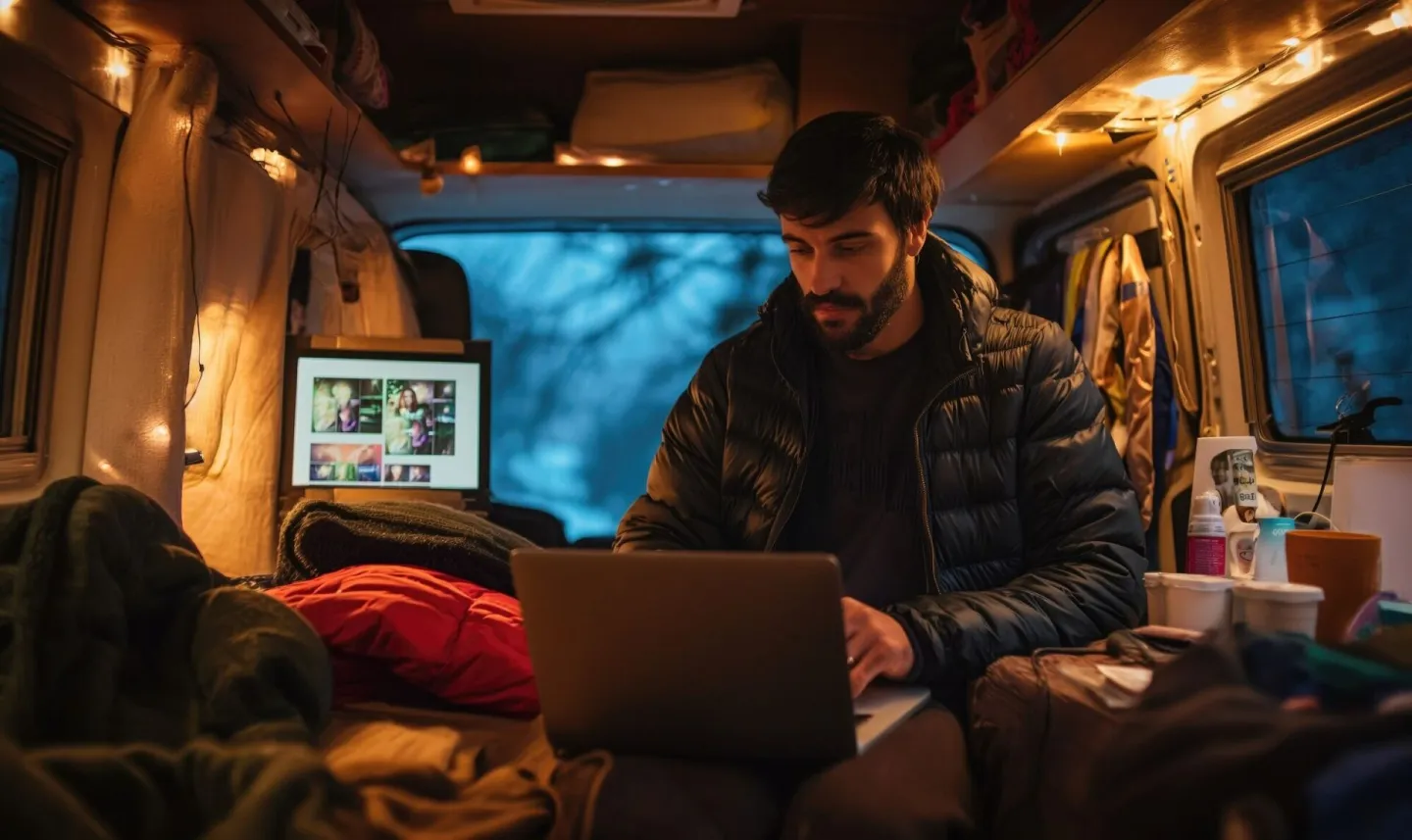Front view man living as a digital nomad