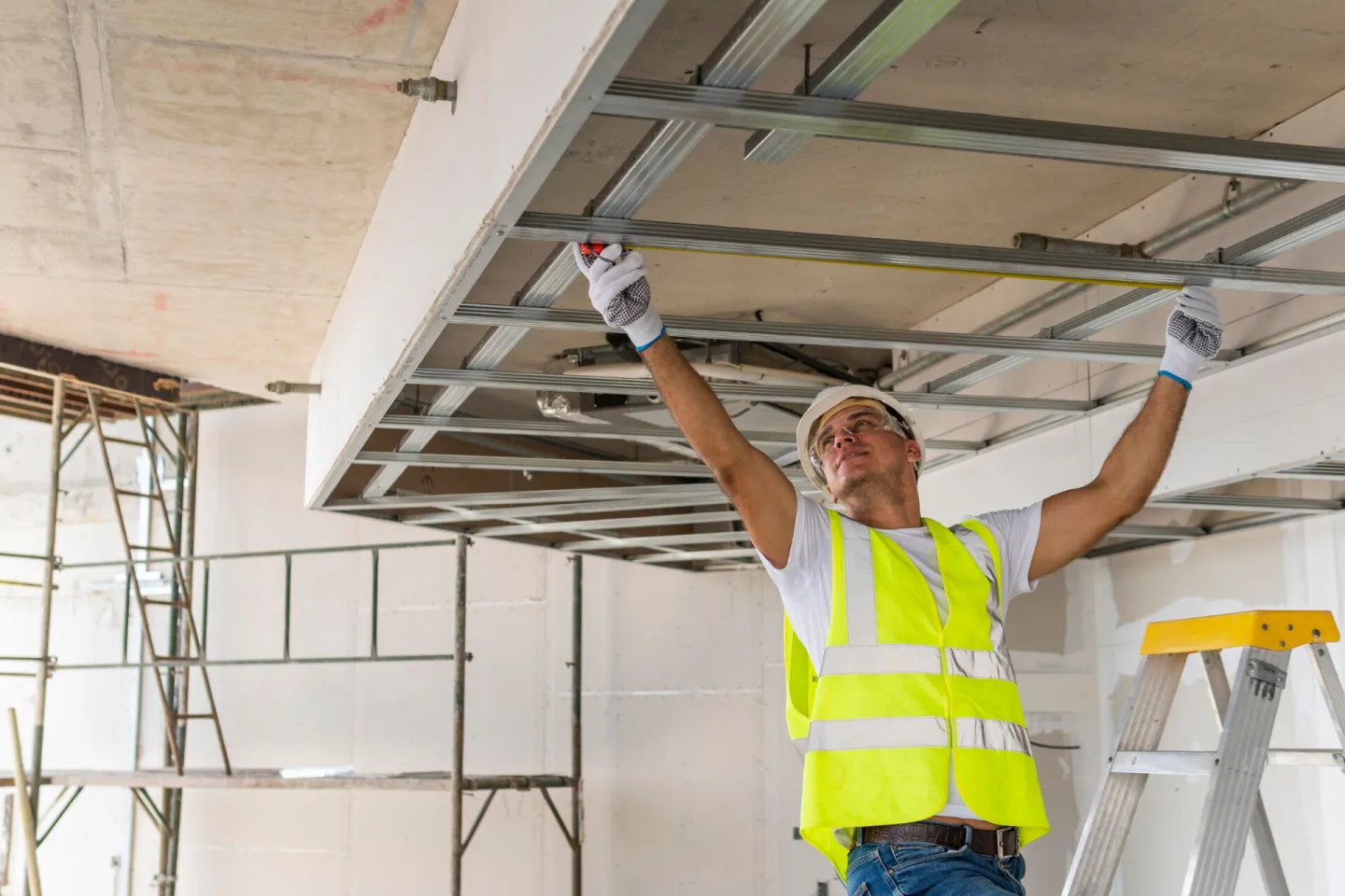 Worker installing ceiling