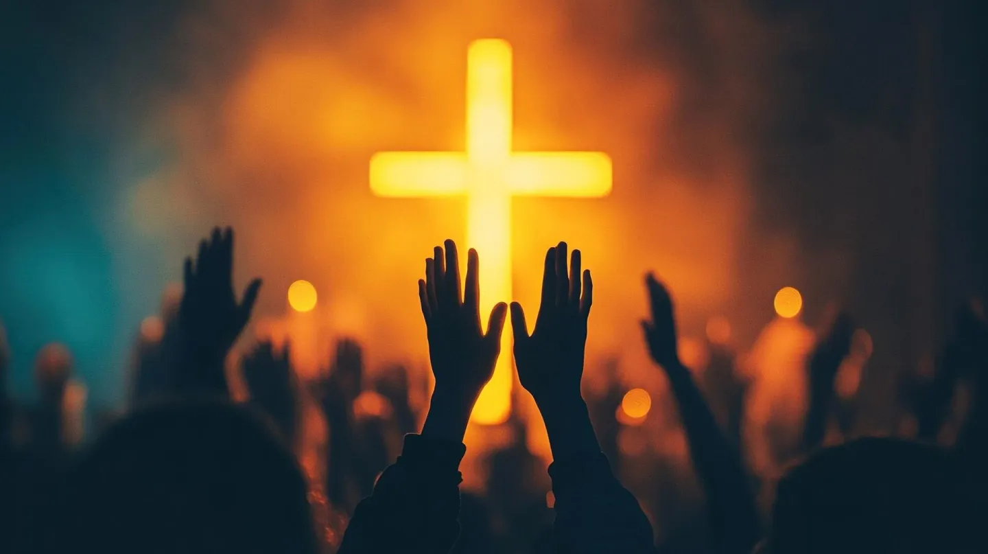 Christian Congregation hands Worship God together in front o