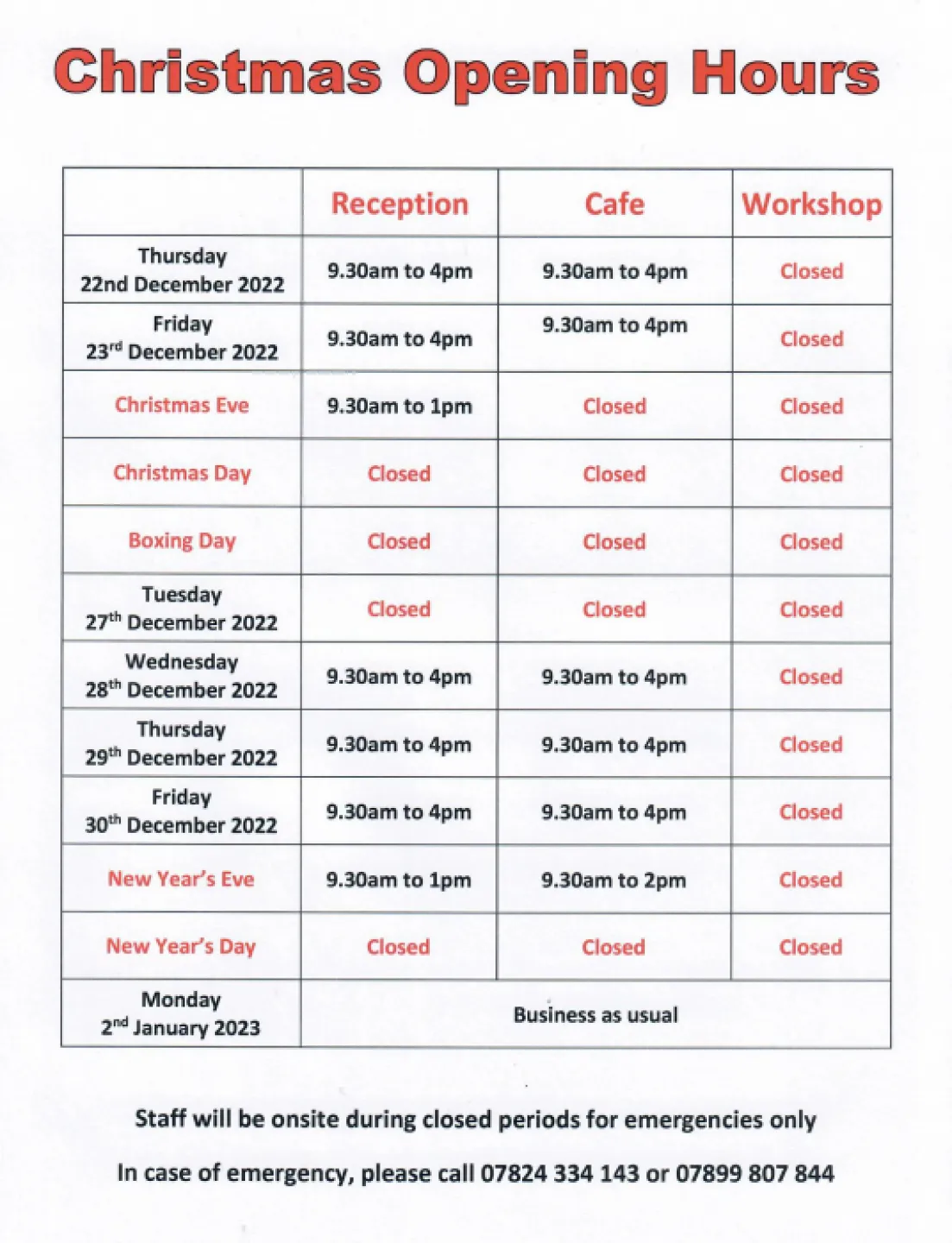Christmas opening hours
