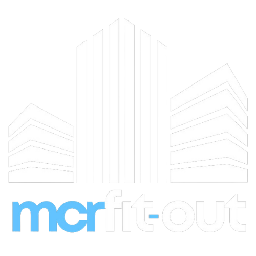 MCR Fit-out logo white on black with blue and white lettering