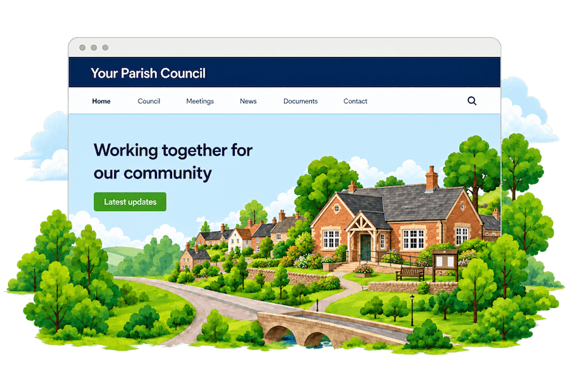 An example parish council website shown on screen above an illustrated English village