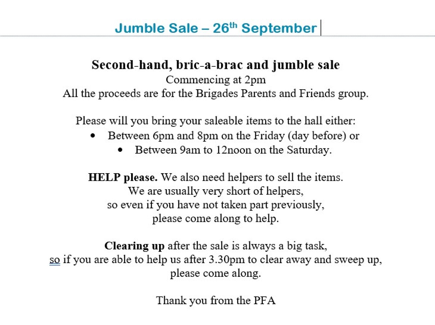 Jumble Sale Pfa 26th