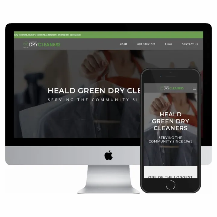 Desktop and mobile screenshots of the Heald Green Dry Cleaners website